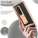 For Samsung Galaxy Z Fold4 5G Hinge Protection Anti-fall PU Leather + Hard PC Shell Electroplating Kickstand Cover with Built-in Tempered Glass Screen Protector and S Pen