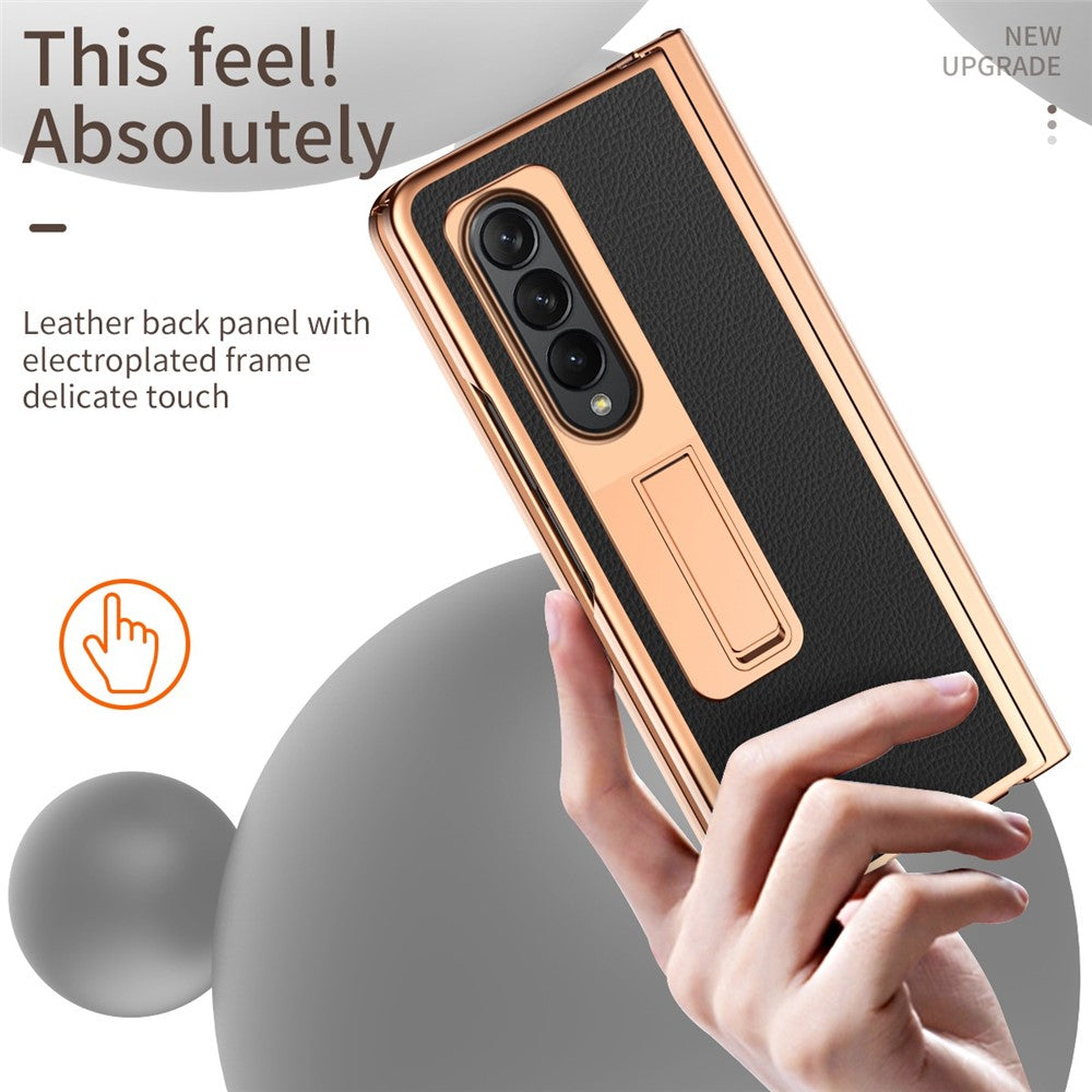 For Samsung Galaxy Z Fold4 5G Hinge Protection Anti-fall PU Leather + Hard PC Shell Electroplating Kickstand Cover with Built-in Tempered Glass Screen Protector and S Pen