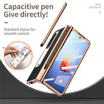 For Samsung Galaxy Z Fold4 5G Hinge Protection Anti-fall PU Leather + Hard PC Shell Electroplating Kickstand Cover with Built-in Tempered Glass Screen Protector and S Pen
