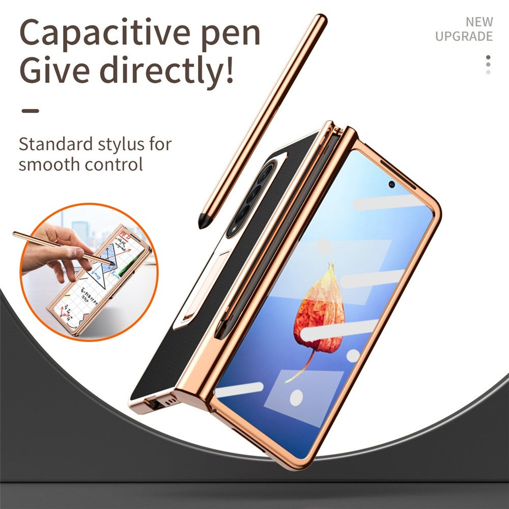 For Samsung Galaxy Z Fold4 5G Hinge Protection Anti-fall PU Leather + Hard PC Shell Electroplating Kickstand Cover with Built-in Tempered Glass Screen Protector and S Pen