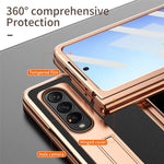 For Samsung Galaxy Z Fold4 5G Hinge Protection Anti-fall PU Leather + Hard PC Shell Electroplating Kickstand Cover with Built-in Tempered Glass Screen Protector and S Pen