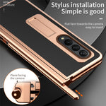 For Samsung Galaxy Z Fold4 5G Hinge Protection Anti-fall PU Leather + Hard PC Shell Electroplating Kickstand Cover with Built-in Tempered Glass Screen Protector and S Pen