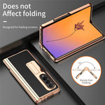 For Samsung Galaxy Z Fold4 5G Hinge Protection Anti-fall PU Leather + Hard PC Shell Electroplating Kickstand Cover with Built-in Tempered Glass Screen Protector and S Pen