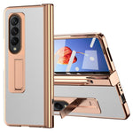 For Samsung Galaxy Z Fold4 5G Hinge Protection Anti-fall PU Leather + Hard PC Shell Electroplating Kickstand Cover with Built-in Tempered Glass Screen Protector and S Pen
