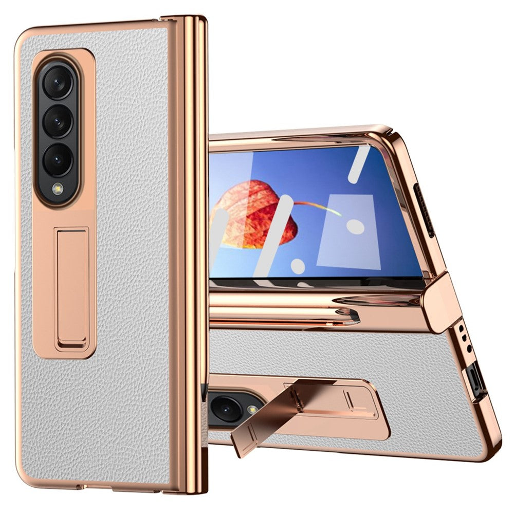 For Samsung Galaxy Z Fold4 5G Hinge Protection Anti-fall PU Leather + Hard PC Shell Electroplating Kickstand Cover with Built-in Tempered Glass Screen Protector and S Pen