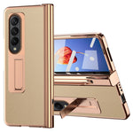 For Samsung Galaxy Z Fold4 5G Hinge Protection Anti-fall PU Leather + Hard PC Shell Electroplating Kickstand Cover with Built-in Tempered Glass Screen Protector and S Pen