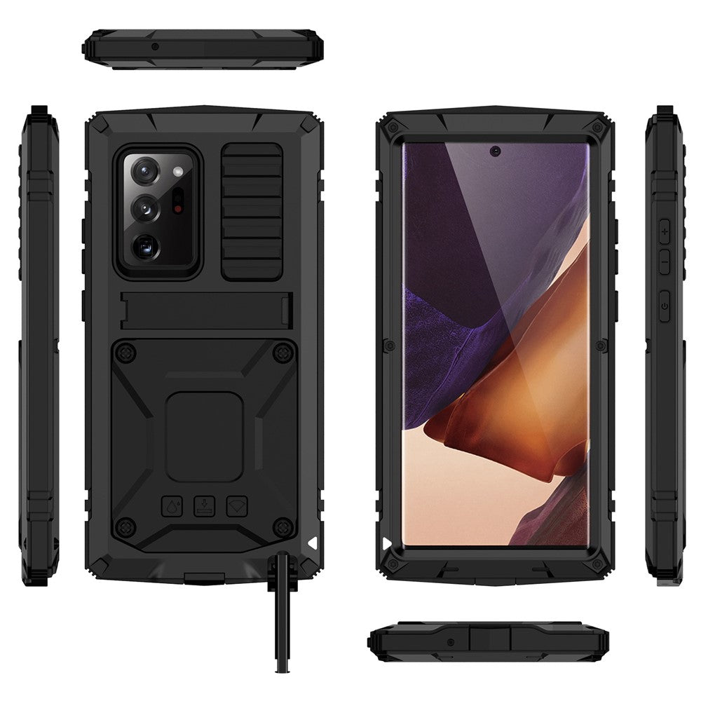 R-JUST til Samsung Galaxy Note20 Ultra / Note20 Ultra 5G Metal + Silikone + PC Kickstand Cover Støvtæt Anti-drop Cover med Hærdet Glasfilm