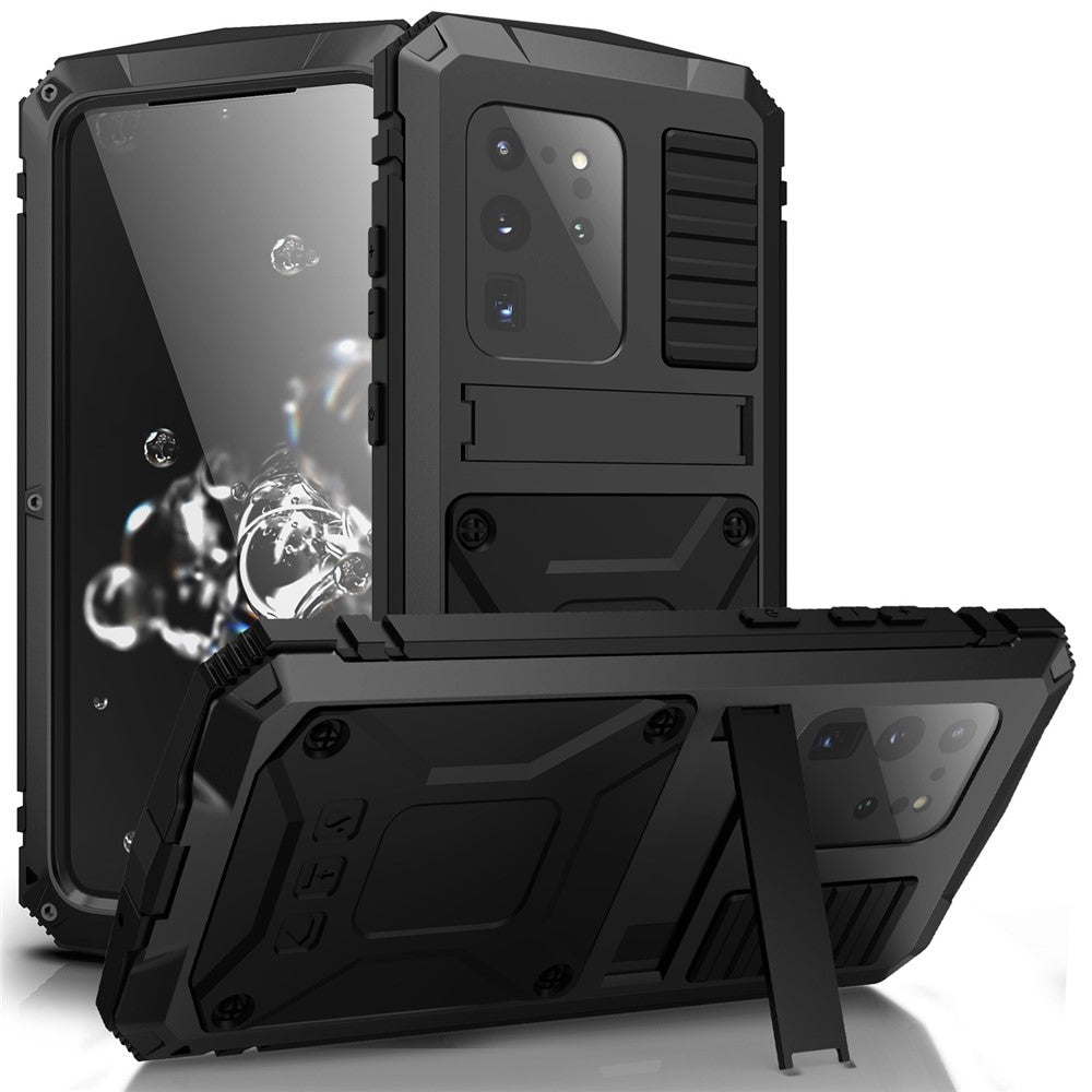 R-JUST For Samsung Galaxy S20 Ultra Metal + Silicone + PC Phone Case Kickstand Full Cover Shell with Tempered Glass Film
