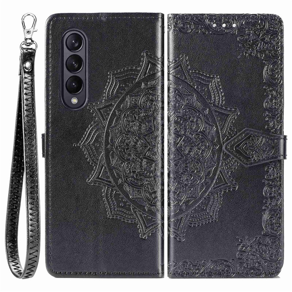 Til Samsung Galaxy Z Fold4 5G Stødsikkert Flip Wallet Cover Præget Mandala Mønster Foldbart Stander PU Læder Etui med Håndrem