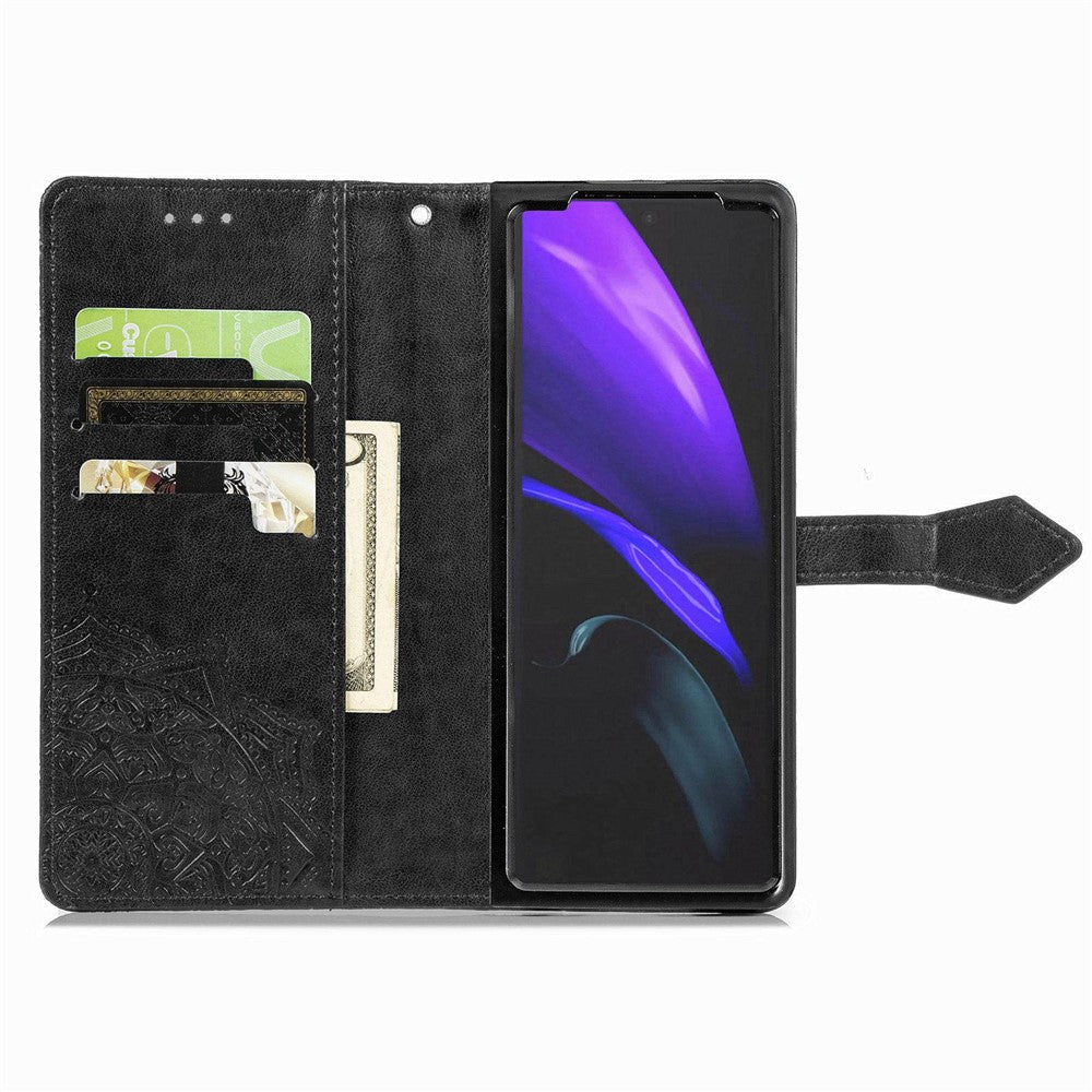 Til Samsung Galaxy Z Fold4 5G Stødsikkert Flip Wallet Cover Præget Mandala Mønster Foldbart Stander PU Læder Etui med Håndrem