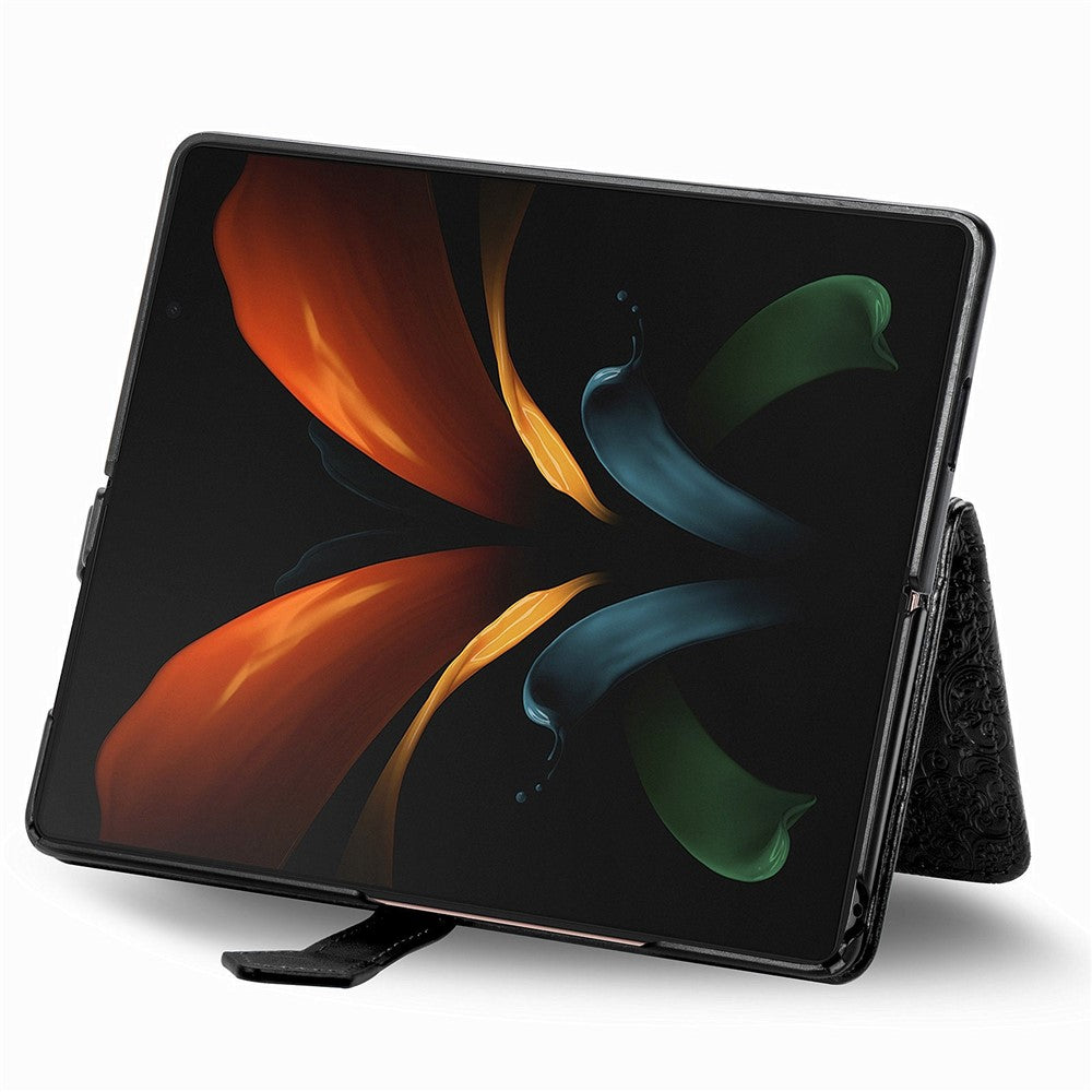 Til Samsung Galaxy Z Fold4 5G Stødsikkert Flip Wallet Cover Præget Mandala Mønster Foldbart Stander PU Læder Etui med Håndrem