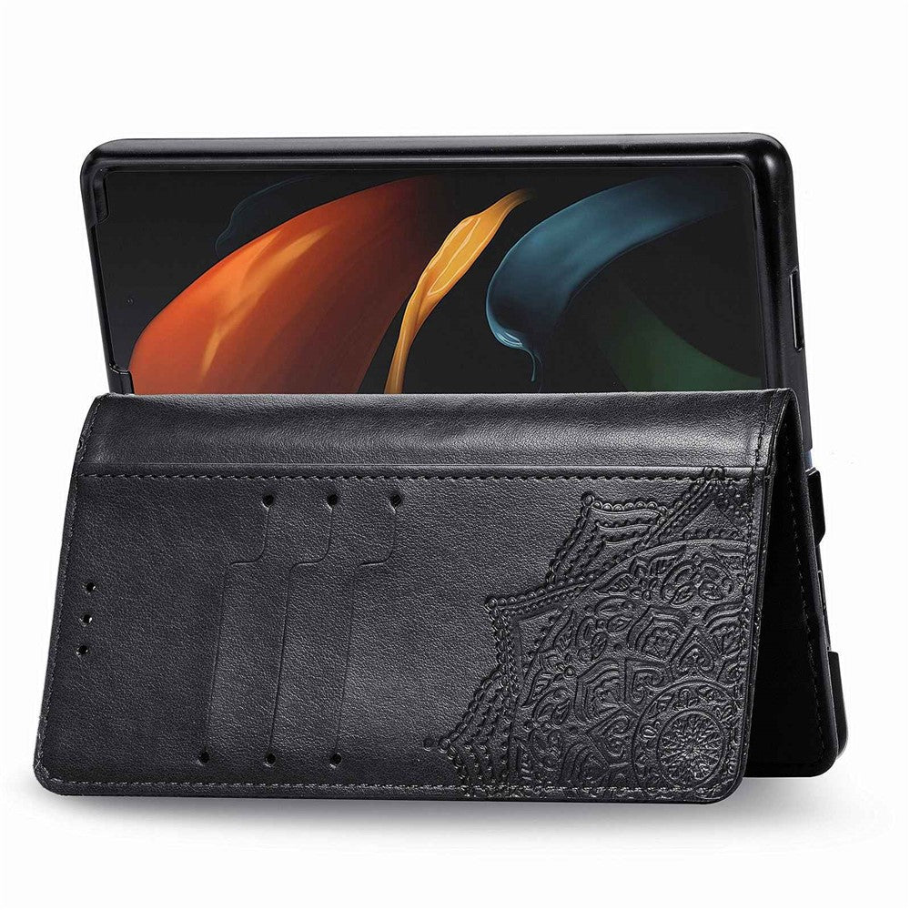 Til Samsung Galaxy Z Fold4 5G Stødsikkert Flip Wallet Cover Præget Mandala Mønster Foldbart Stander PU Læder Etui med Håndrem