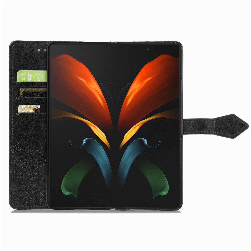 Til Samsung Galaxy Z Fold4 5G Stødsikkert Flip Wallet Cover Præget Mandala Mønster Foldbart Stander PU Læder Etui med Håndrem