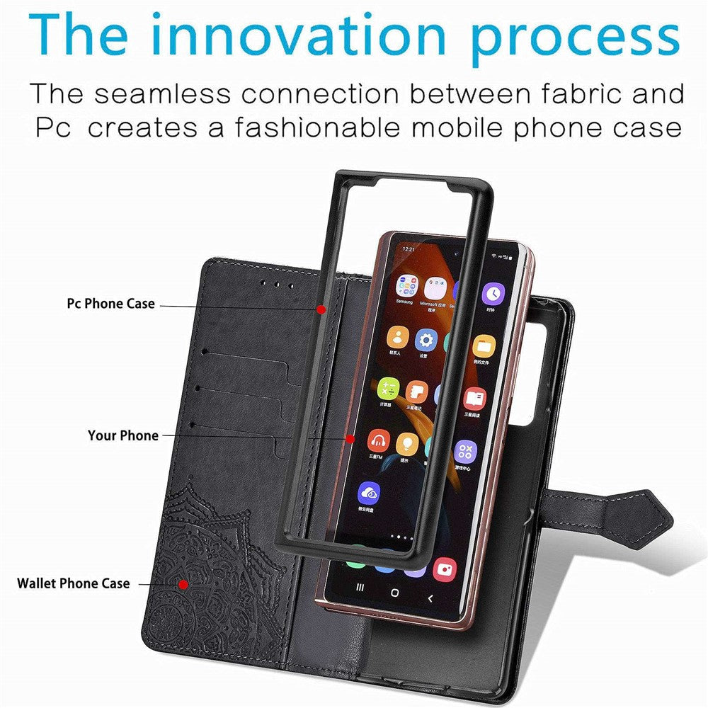 Til Samsung Galaxy Z Fold4 5G Stødsikkert Flip Wallet Cover Præget Mandala Mønster Foldbart Stander PU Læder Etui med Håndrem
