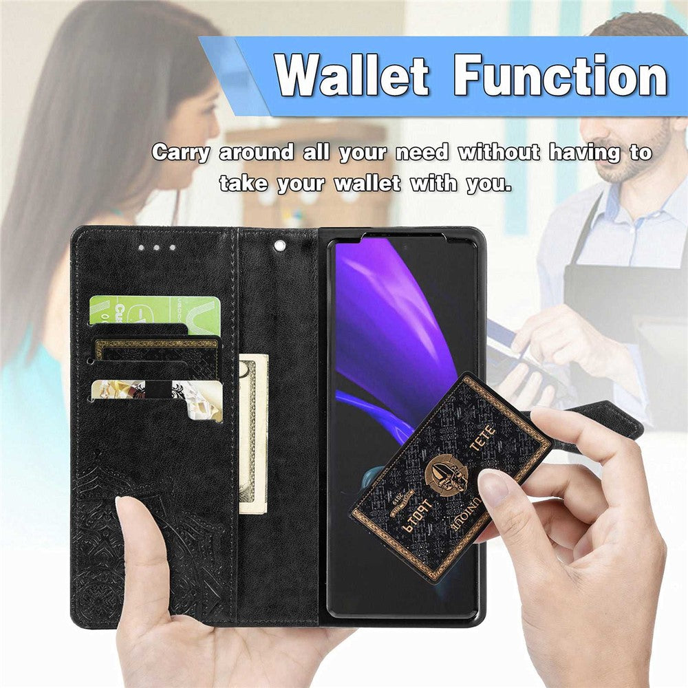 Til Samsung Galaxy Z Fold4 5G Stødsikkert Flip Wallet Cover Præget Mandala Mønster Foldbart Stander PU Læder Etui med Håndrem