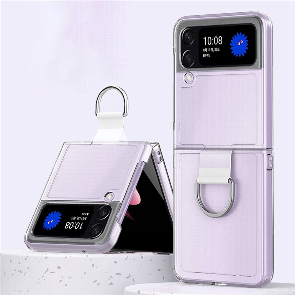 For Samsung Galaxy Z Flip4 5G Anti-scratch Phone Case with Ring Holder Clear PVC + PC + Metal Mobile Phone Back Cover