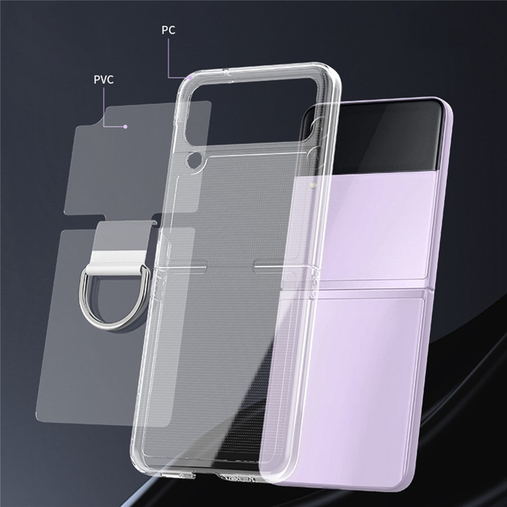 For Samsung Galaxy Z Flip4 5G Anti-scratch Phone Case with Ring Holder Clear PVC + PC + Metal Mobile Phone Back Cover