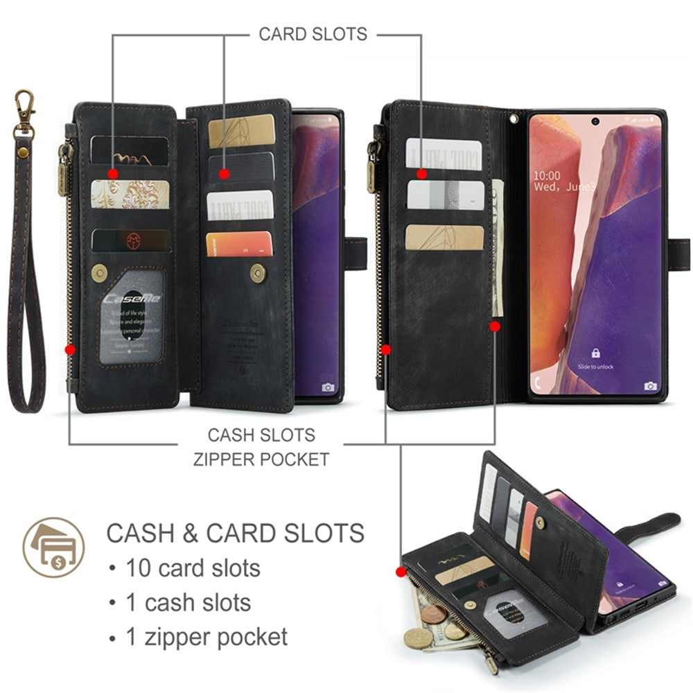 For Samsung Galaxy Note20 5G / 4G Phone Cases with Strap CASEME C30 Zipper Multiple Card Holder PU Leather Cover