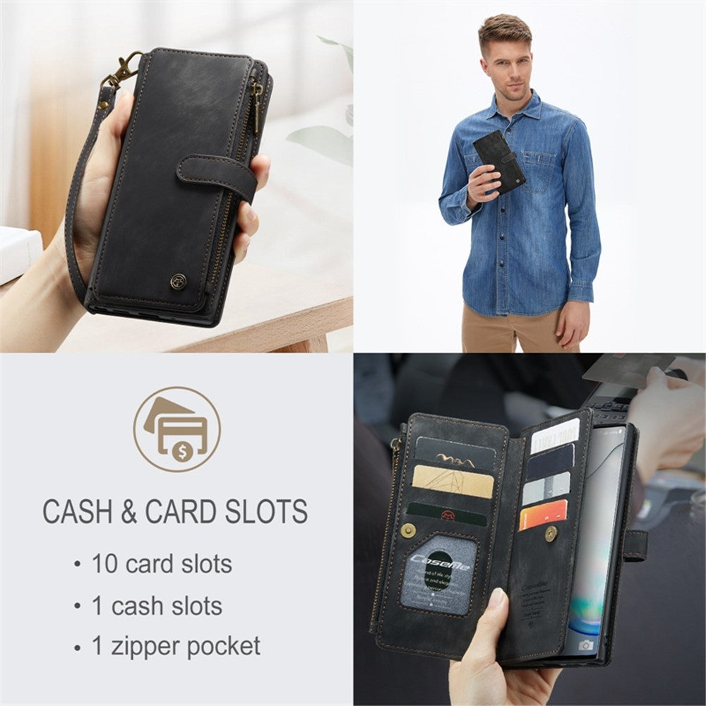 For Samsung Galaxy Note 10 5G / 4G Phone Cases with Strap CASEME C30 Zipper Multiple Card Holder PU Leather Cover