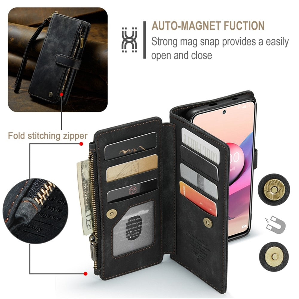 For Xiaomi Poco M5s 4G / Redmi Note 10 4G / Redmi Note 10S 4G Phone Cases with Strap CASEME C30 Zipper Multiple Card Holder PU Leather Cover