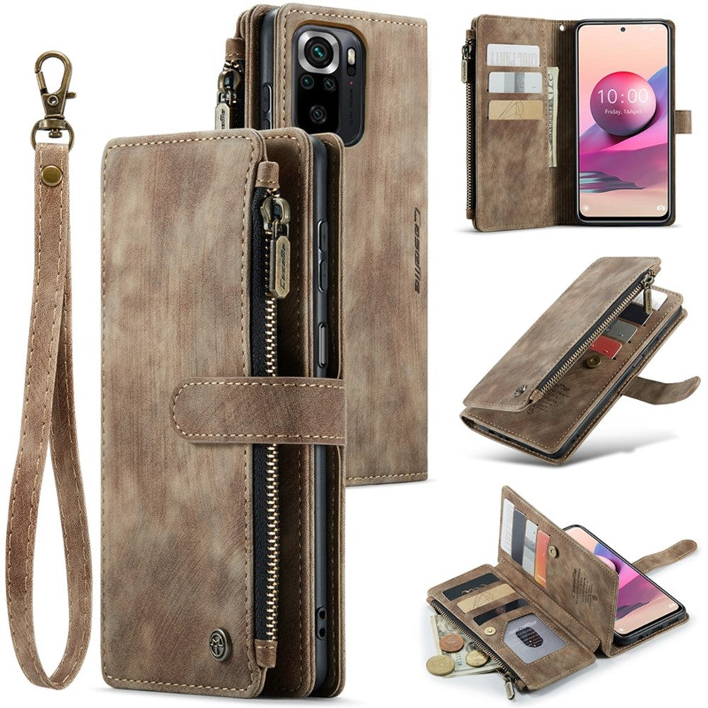 For Xiaomi Poco M5s 4G / Redmi Note 10 4G / Redmi Note 10S 4G Phone Cases with Strap CASEME C30 Zipper Multiple Card Holder PU Leather Cover