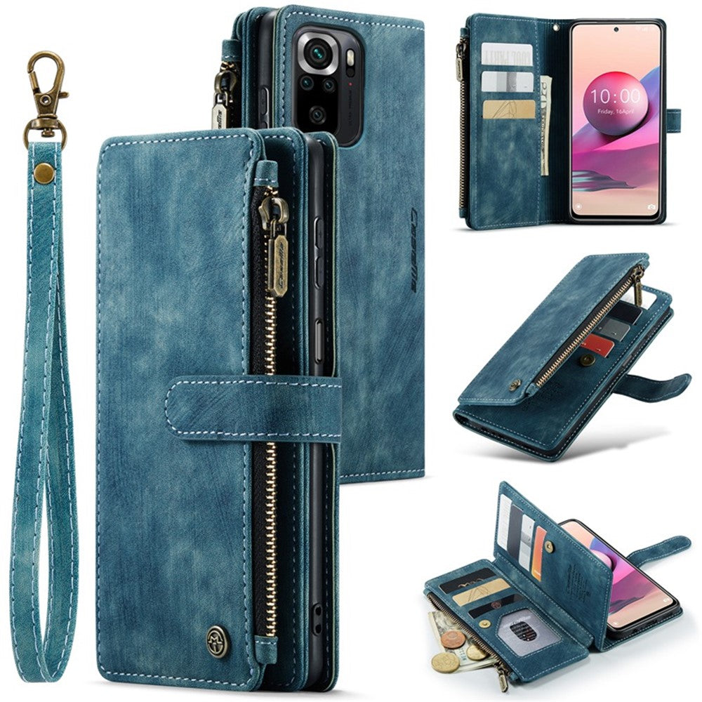 For Xiaomi Poco M5s 4G / Redmi Note 10 4G / Redmi Note 10S 4G Phone Cases with Strap CASEME C30 Zipper Multiple Card Holder PU Leather Cover
