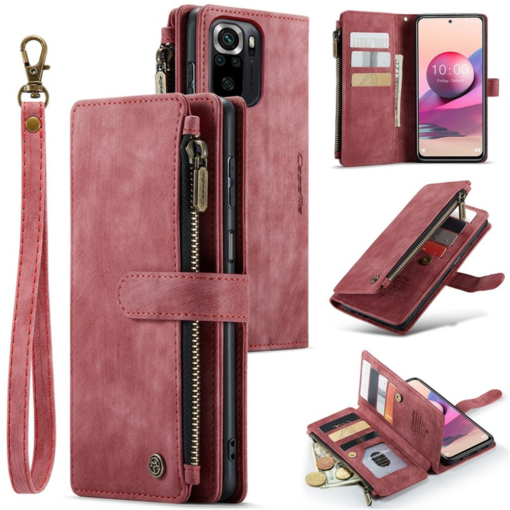 For Xiaomi Poco M5s 4G / Redmi Note 10 4G / Redmi Note 10S 4G Phone Cases with Strap CASEME C30 Zipper Multiple Card Holder PU Leather Cover