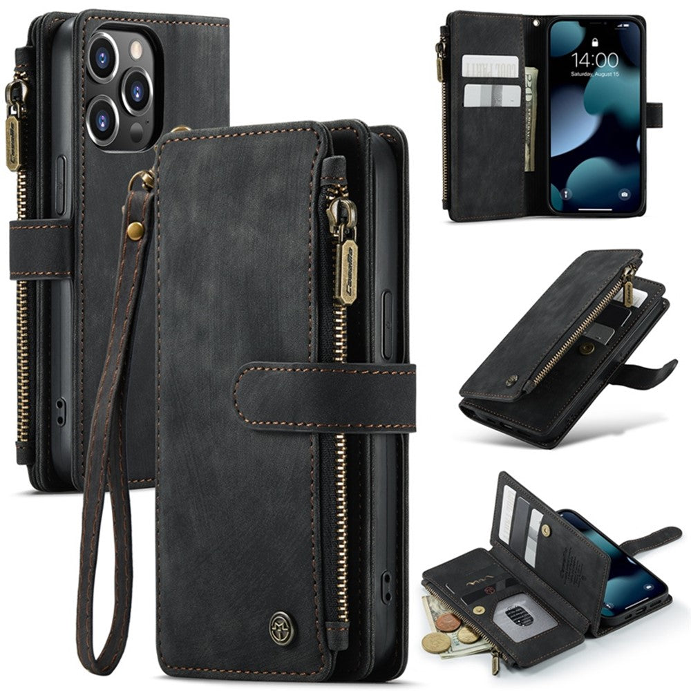 For iPhone 13 Pro Max Phone Cases with Strap CASEME C30 Zipper Multiple Card Holder PU Leather Cover