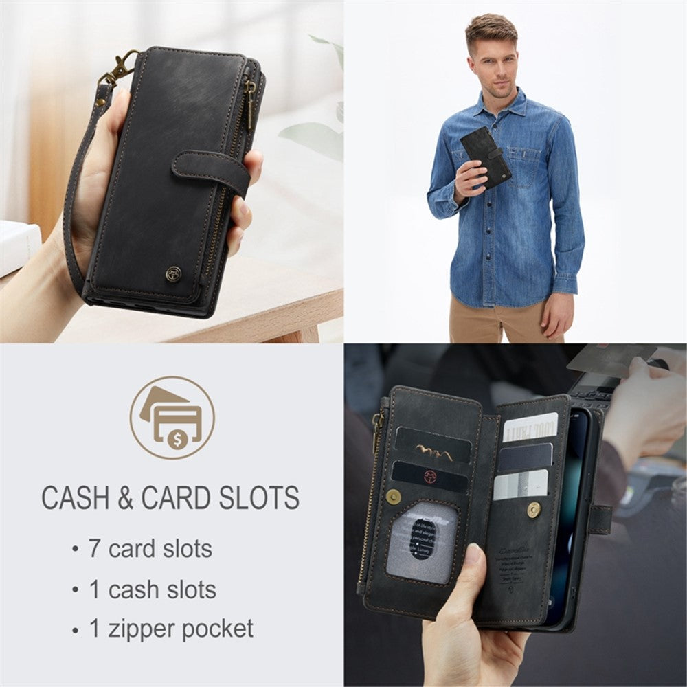 For iPhone 13 Pro Max Phone Cases with Strap CASEME C30 Zipper Multiple Card Holder PU Leather Cover