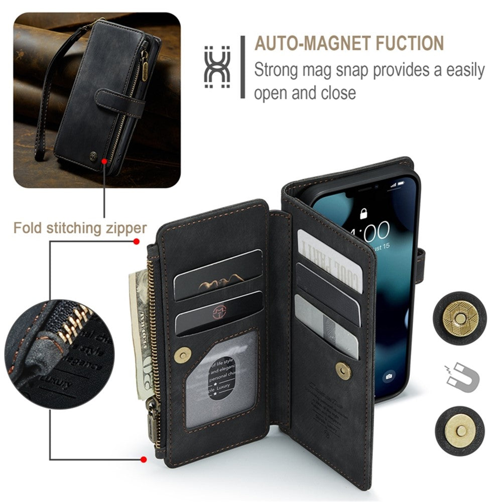 For iPhone 13 Pro Max Phone Cases with Strap CASEME C30 Zipper Multiple Card Holder PU Leather Cover