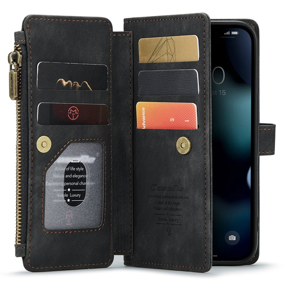 For iPhone 13 Pro Max Phone Cases with Strap CASEME C30 Zipper Multiple Card Holder PU Leather Cover