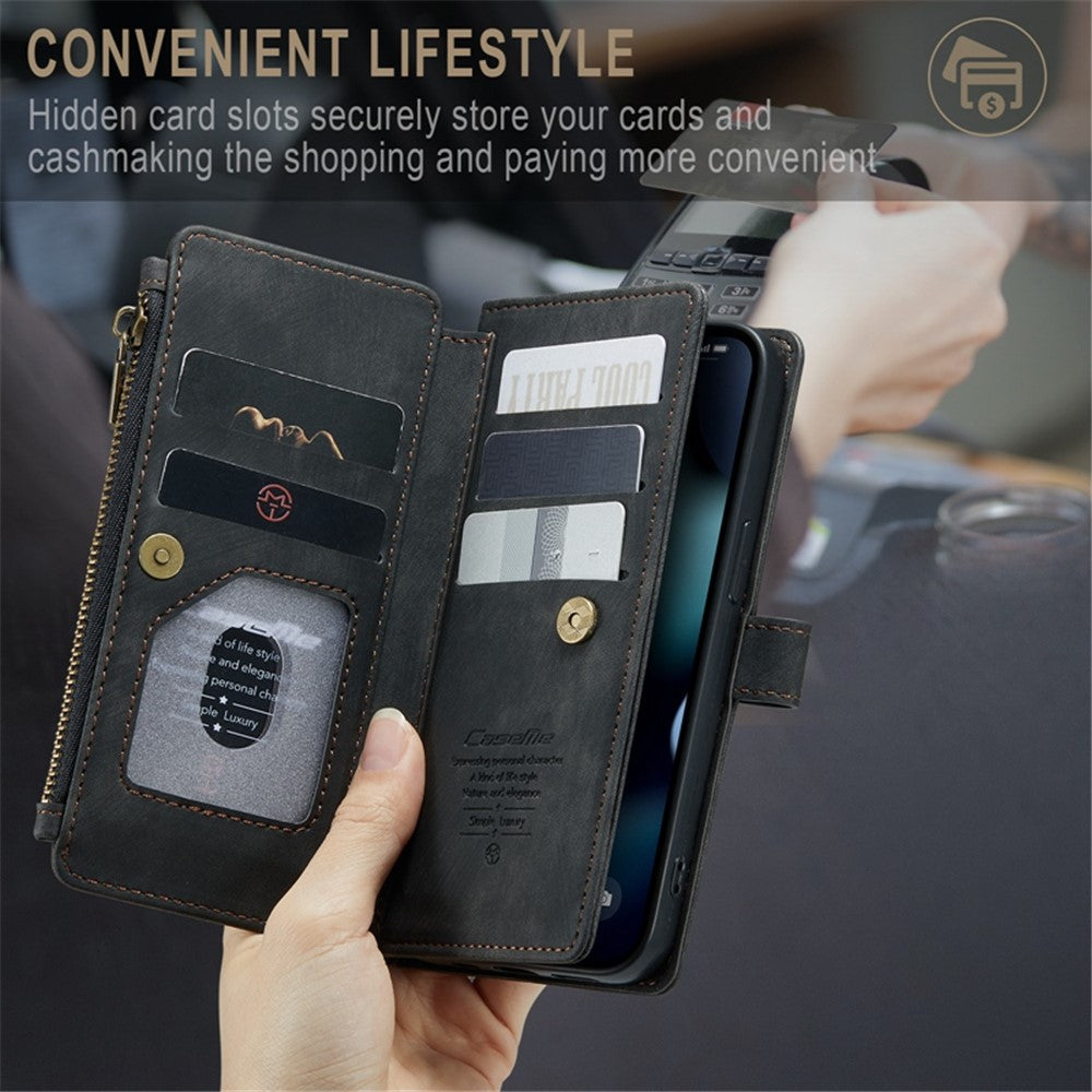 For iPhone 13 Pro Max Phone Cases with Strap CASEME C30 Zipper Multiple Card Holder PU Leather Cover