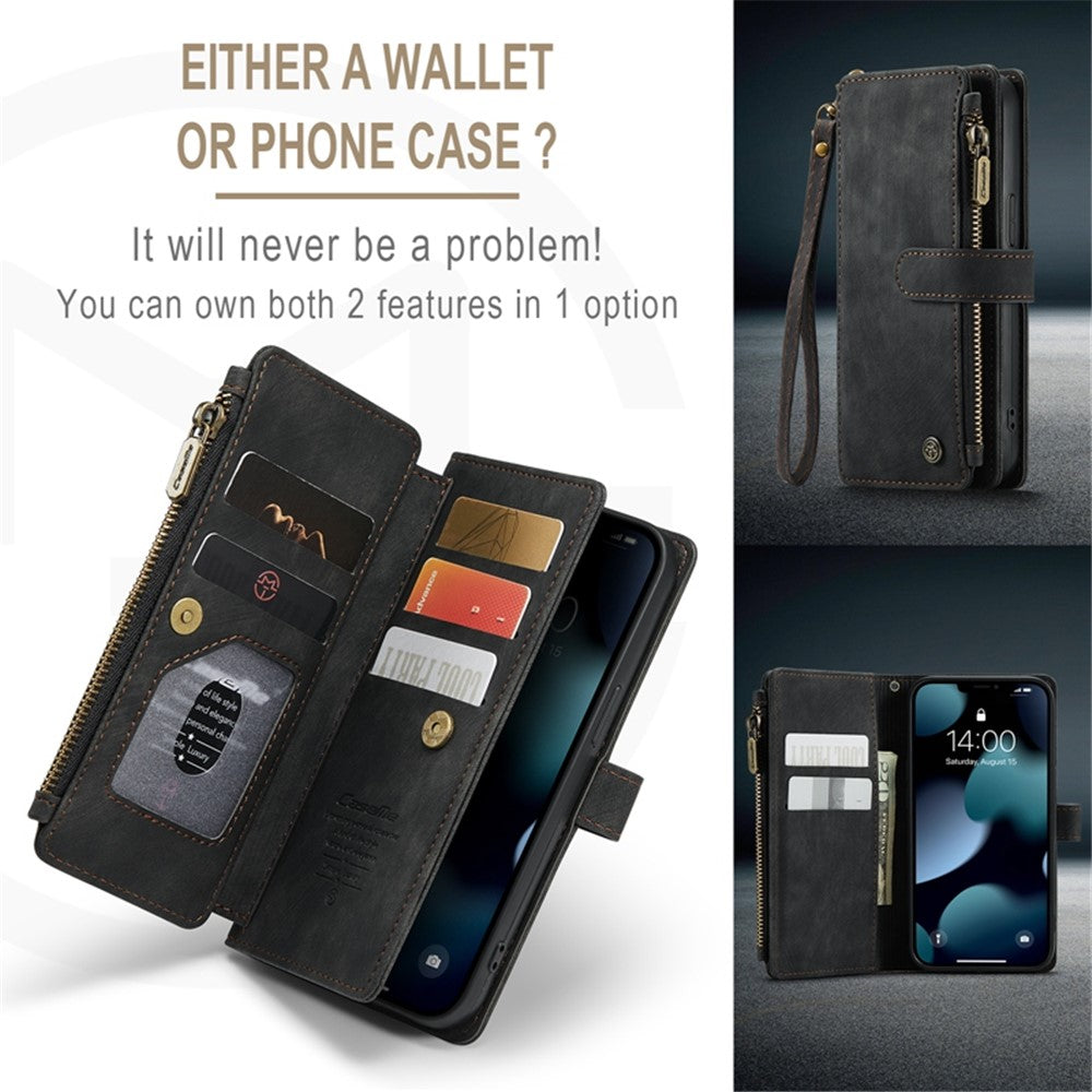 For iPhone 13 Pro Max Phone Cases with Strap CASEME C30 Zipper Multiple Card Holder PU Leather Cover