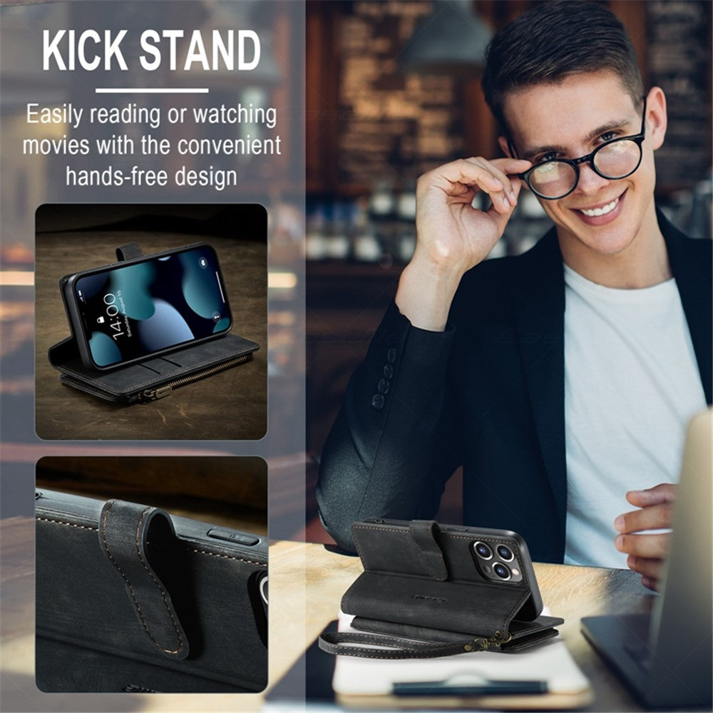 For iPhone 13 Pro Max Phone Cases with Strap CASEME C30 Zipper Multiple Card Holder PU Leather Cover