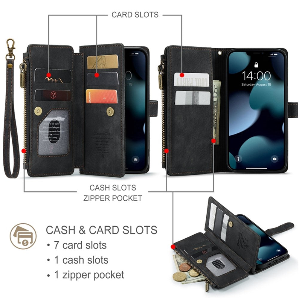 For iPhone 13 Pro Max Phone Cases with Strap CASEME C30 Zipper Multiple Card Holder PU Leather Cover