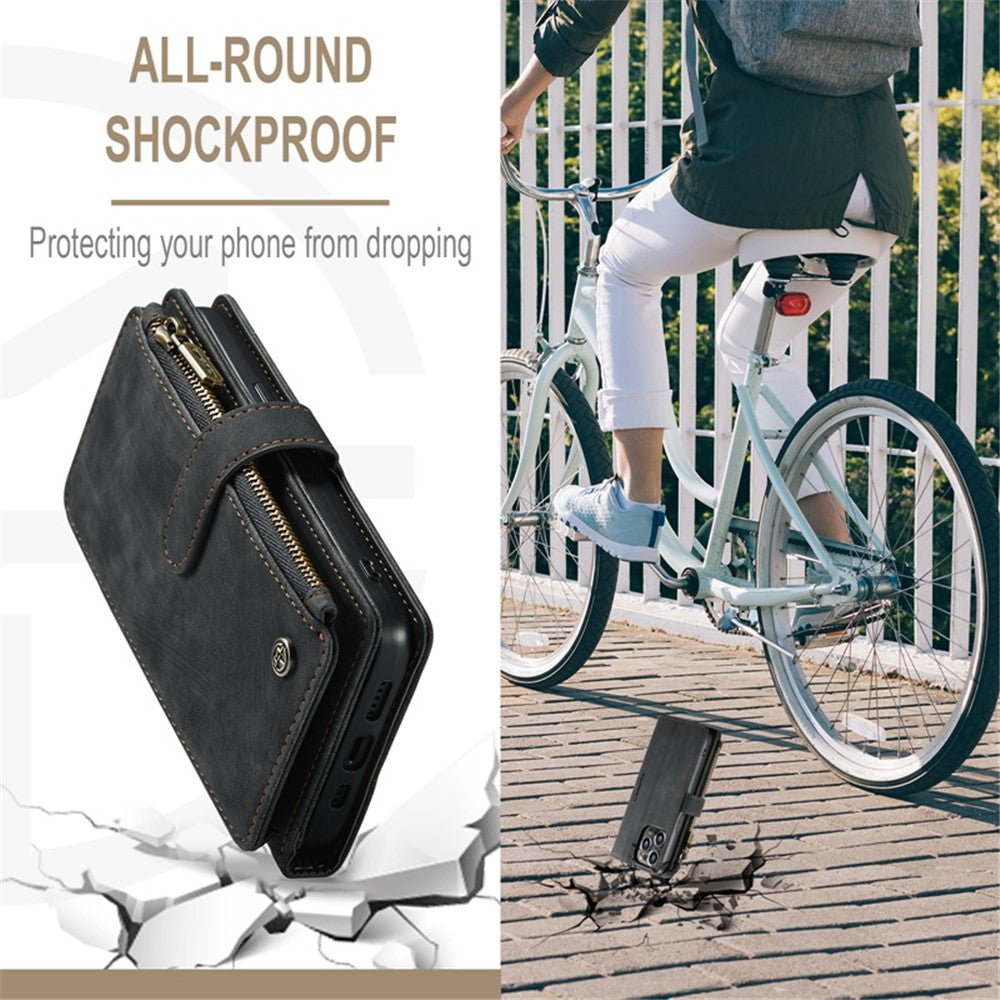 For iPhone 13 Pro Max Phone Cases with Strap CASEME C30 Zipper Multiple Card Holder PU Leather Cover