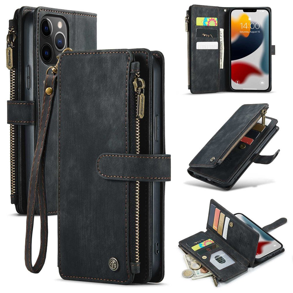 For iPhone 12 Pro Max Phone Cases with Strap CASEME C30 Zipper Multiple Card Holder PU Leather Cover