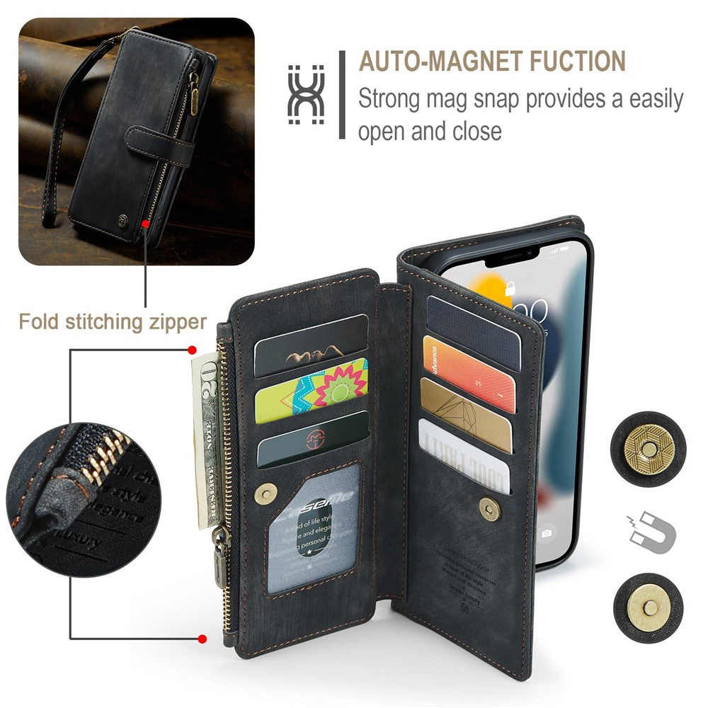 For iPhone 12 Pro Max Phone Cases with Strap CASEME C30 Zipper Multiple Card Holder PU Leather Cover