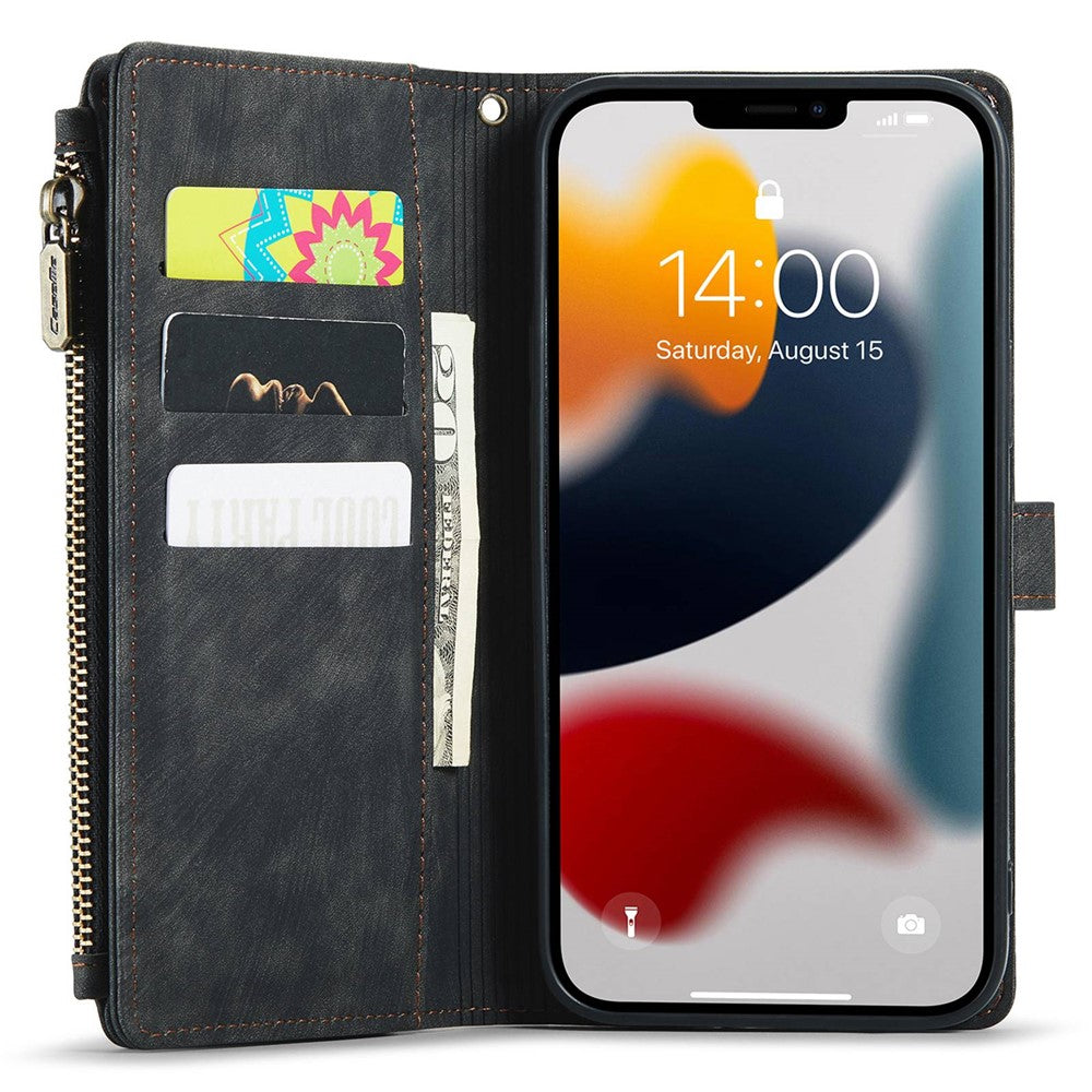 For iPhone 12 Pro Max Phone Cases with Strap CASEME C30 Zipper Multiple Card Holder PU Leather Cover