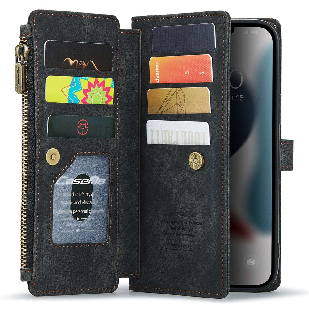 For iPhone 12 Pro Max Phone Cases with Strap CASEME C30 Zipper Multiple Card Holder PU Leather Cover