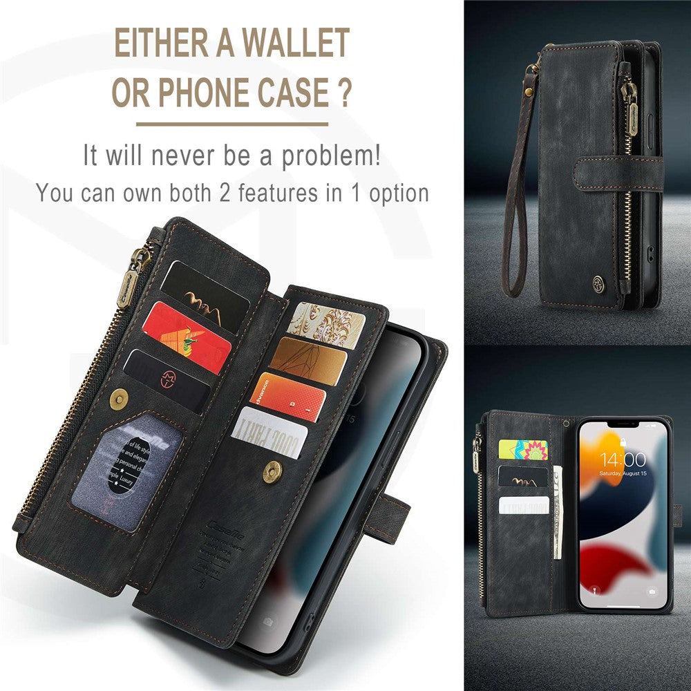 For iPhone 12 Pro Max Phone Cases with Strap CASEME C30 Zipper Multiple Card Holder PU Leather Cover