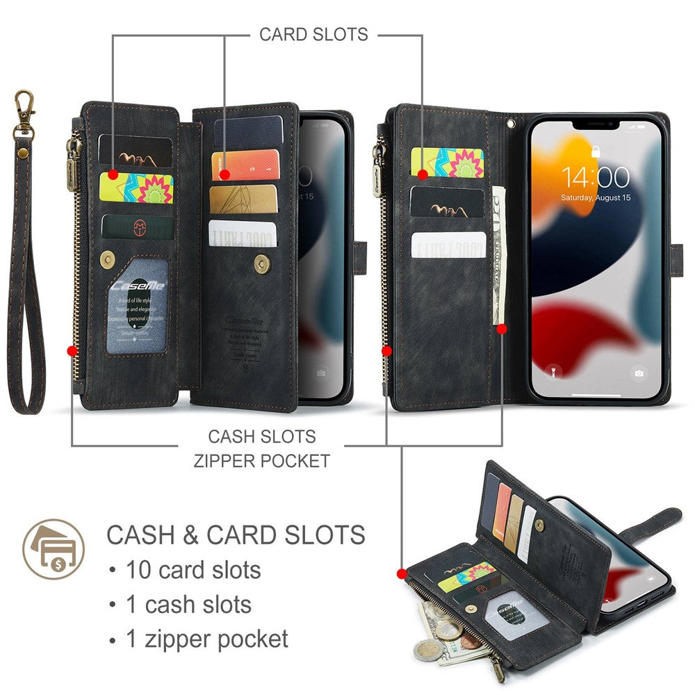 For iPhone 12 Pro Max Phone Cases with Strap CASEME C30 Zipper Multiple Card Holder PU Leather Cover