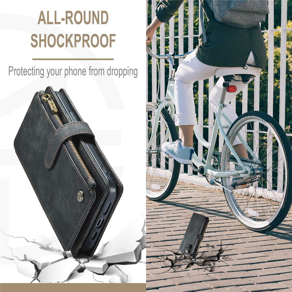 For iPhone 12 Pro Max Phone Cases with Strap CASEME C30 Zipper Multiple Card Holder PU Leather Cover