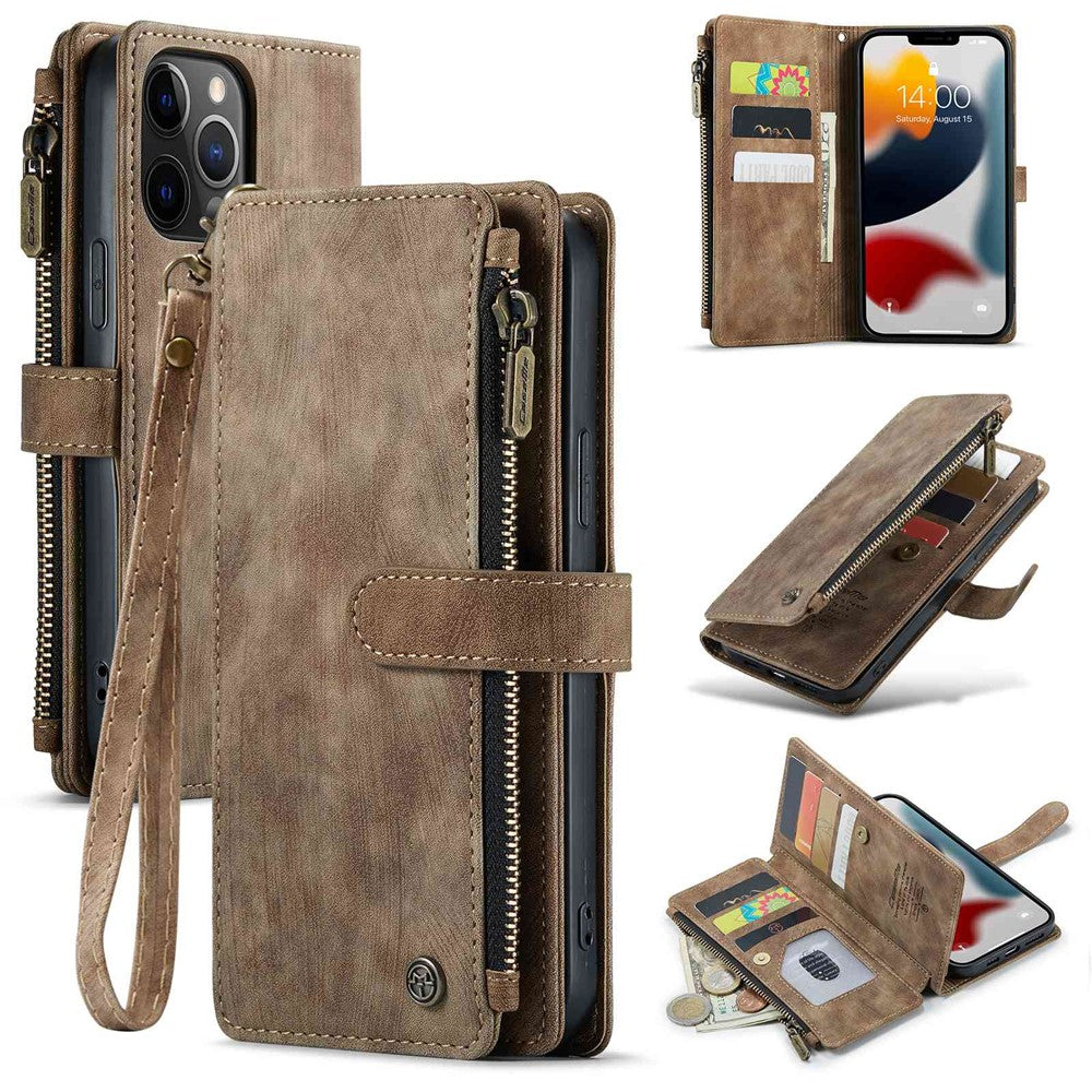 For iPhone 12 Pro Max Phone Cases with Strap CASEME C30 Zipper Multiple Card Holder PU Leather Cover