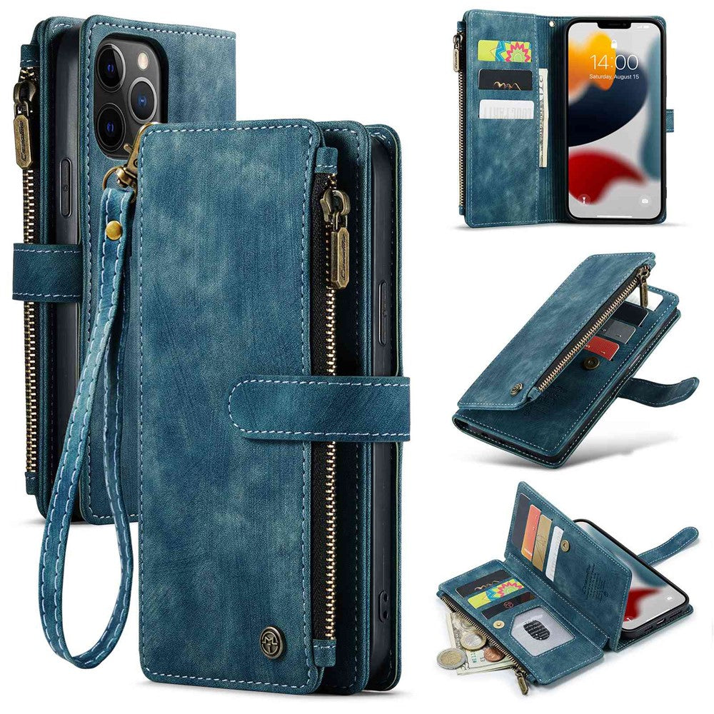 For iPhone 12 Pro Max Phone Cases with Strap CASEME C30 Zipper Multiple Card Holder PU Leather Cover