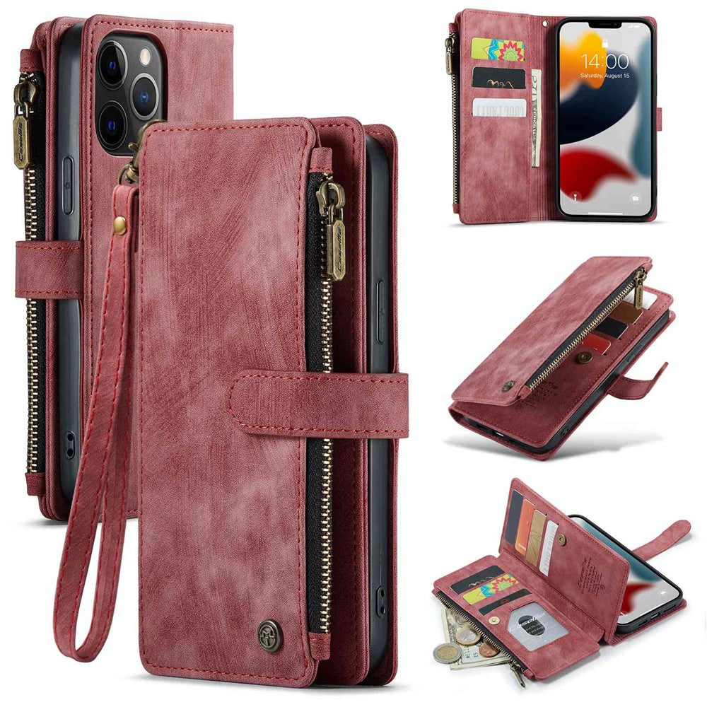For iPhone 12 Pro Max Phone Cases with Strap CASEME C30 Zipper Multiple Card Holder PU Leather Cover