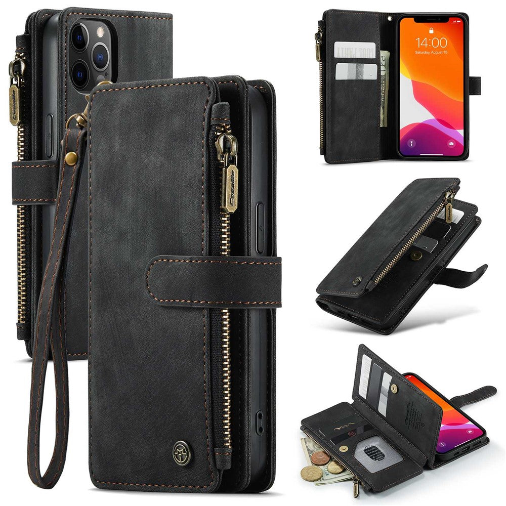 For iPhone 12 / 12 Pro Phone Cases with Strap CASEME C30 Zipper Multiple Card Holder PU Leather Cover