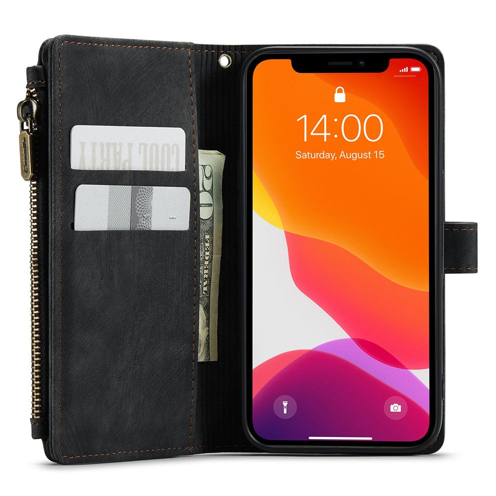 For iPhone 12 / 12 Pro Phone Cases with Strap CASEME C30 Zipper Multiple Card Holder PU Leather Cover