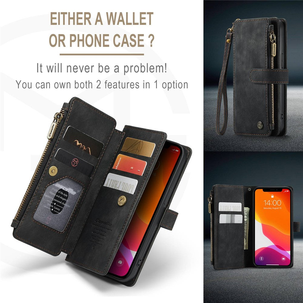 For iPhone 12 / 12 Pro Phone Cases with Strap CASEME C30 Zipper Multiple Card Holder PU Leather Cover