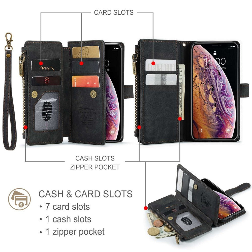 For iPhone 12 / 12 Pro Phone Cases with Strap CASEME C30 Zipper Multiple Card Holder PU Leather Cover